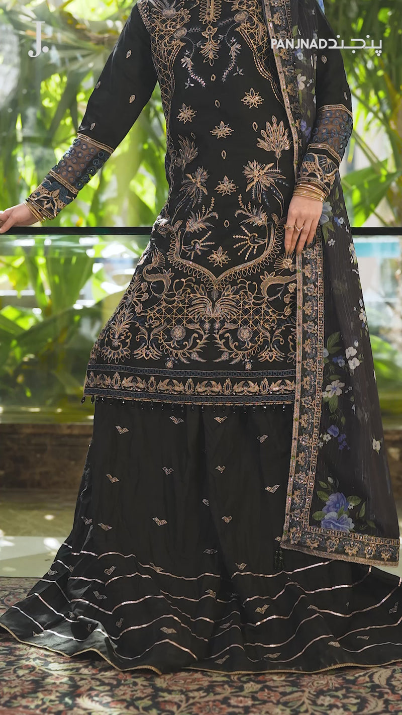 Black Organza Shirt Rang-e-Sahar 3Pc Unstitched Suit | PJLUXU-251035