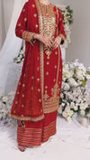 Red Chiffon Embroidered 3 Piece Unstitched Suit | PJ-PWU-2406