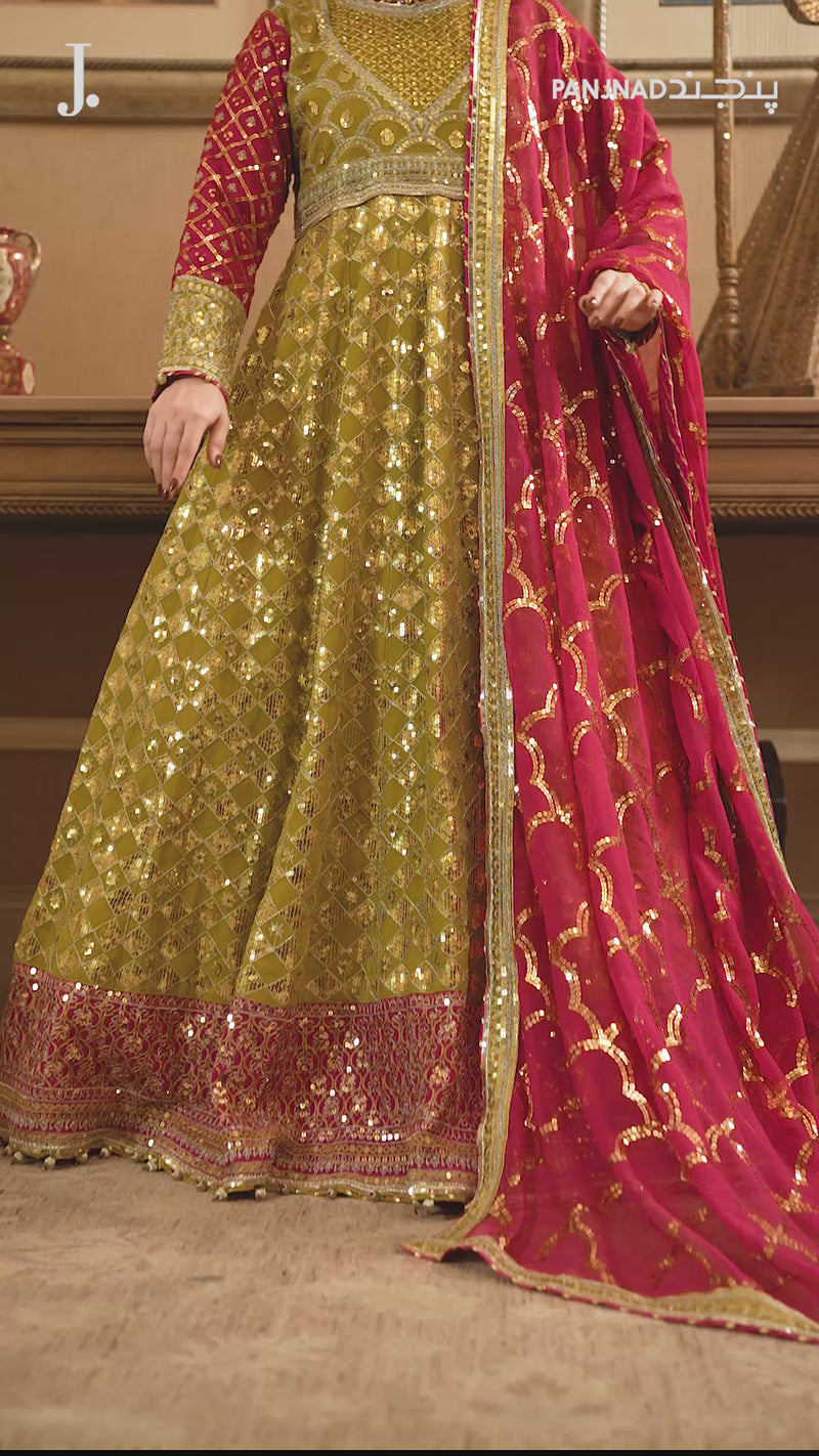 Lime Green & Fuschia Pink Chiffon Rang-e-Sahar 3Pc Unstitched Suit | PJLUXU-251050