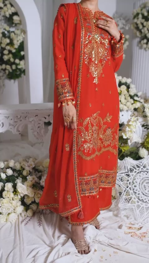 Orange Chiffon Embroidered 3 Piece Unstitched Suit | PJ-PWU-2410