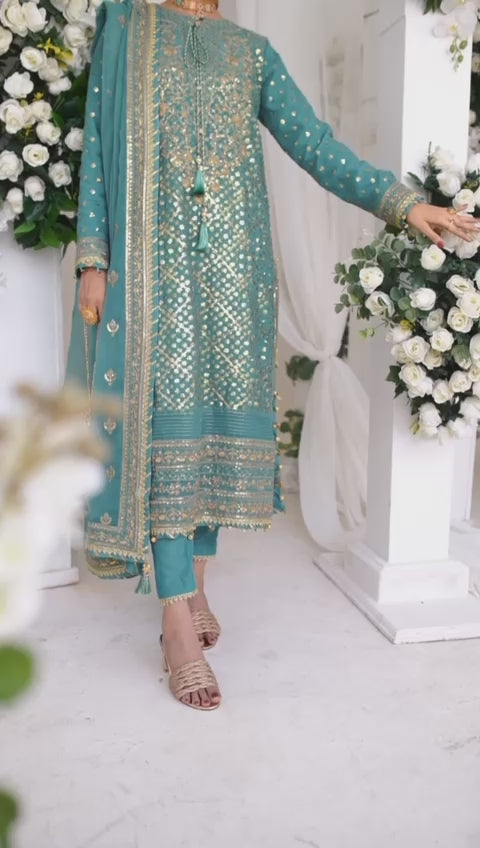 Light Teal Chiffon Embroidered 3 Piece Unstitched Suit | PJ-PWU-2409