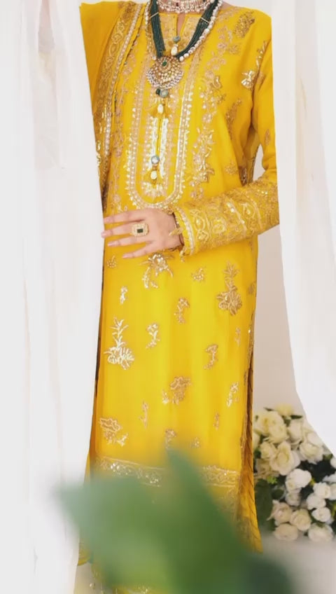 Mustard Chiffon Embroidered 3 Piece Unstitched Suit | PJ-PWU-2407