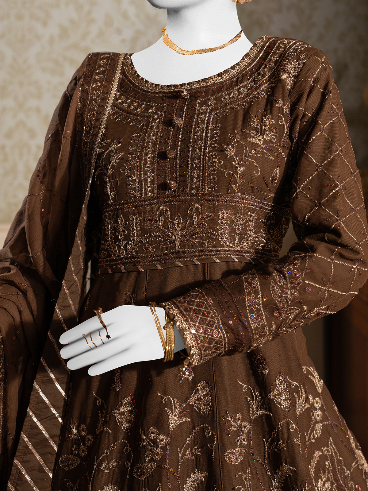 Brown Chiffon Rang-e-Sahar 3Pc Unstitched Suit | PJLUXU-251046