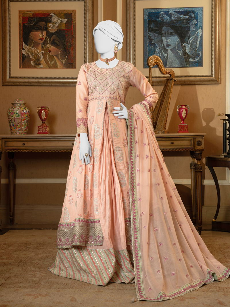 Light Pink Block Print RawSilk Rang-e-Sahar 3Pc Unstitched Suit | PJLUXU-251040